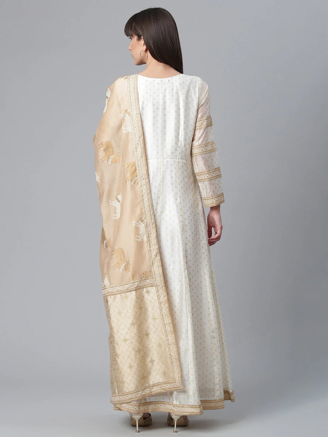 Cream & Golden Printed Anarkali Kurta with Dupatta | Shop Now