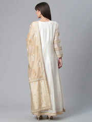 Cream-Coloured & Golden Printed Anarkali Kurta with Dupatta-AHKUDU-Combo-234