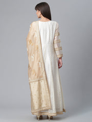 Cream-Coloured & Golden Printed Anarkali Kurta with Dupatta-AHKUDU-Combo-234