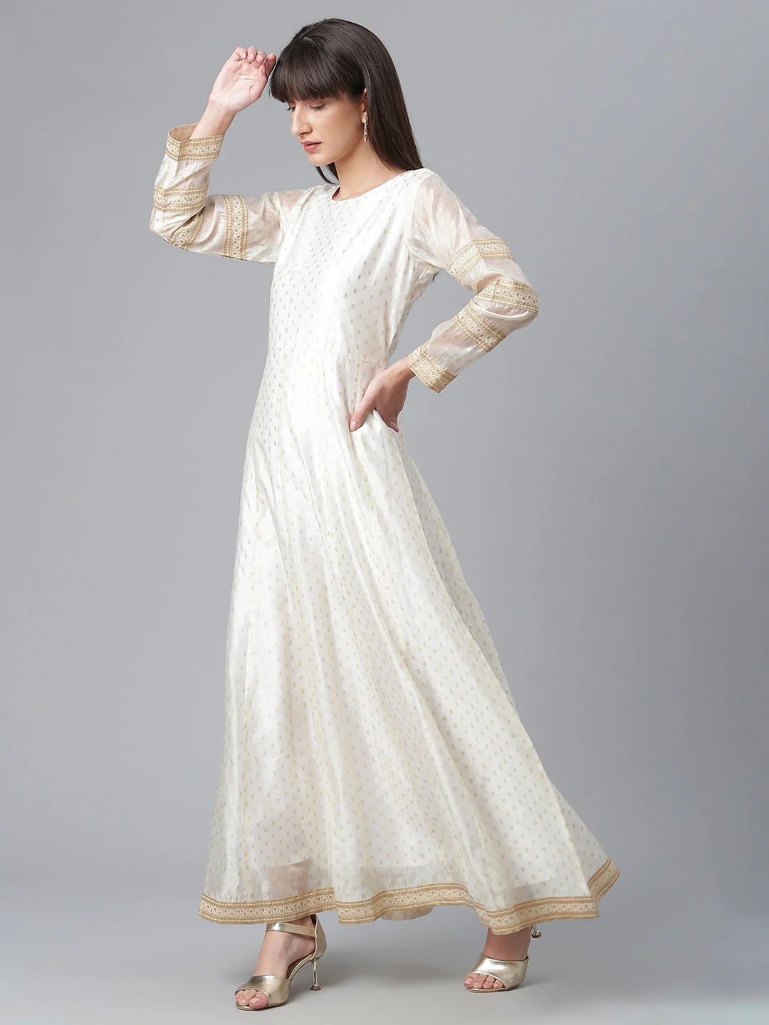 Cream & Golden Printed Anarkali Kurta with Dupatta | Shop Now