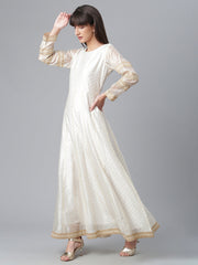 Cream-Coloured & Golden Printed Anarkali Kurta with Dupatta-AHKUDU-Combo-234