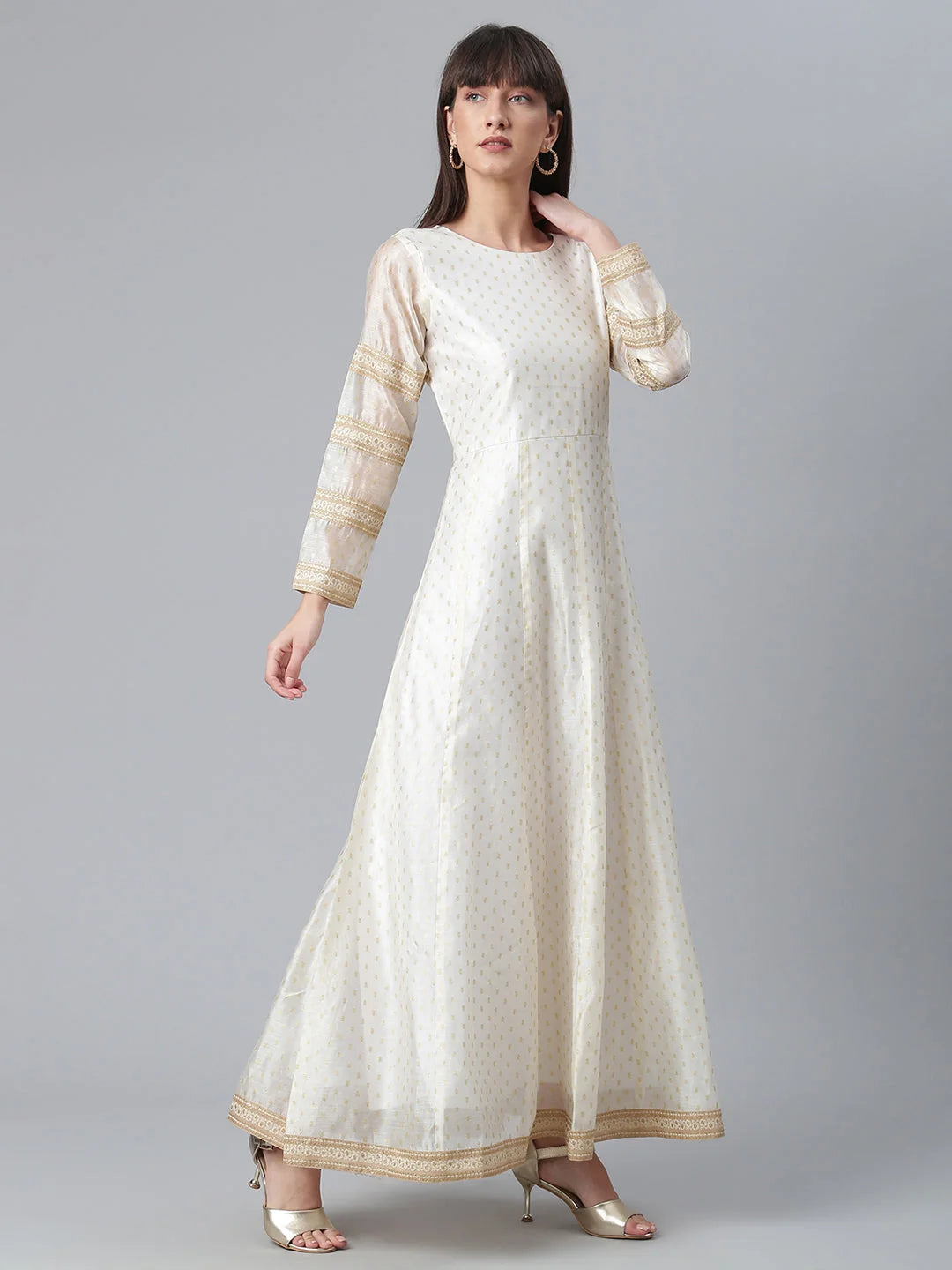 Cream & Golden Printed Anarkali Kurta with Dupatta | Shop Now