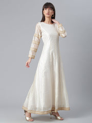 Cream-Coloured & Golden Printed Anarkali Kurta with Dupatta-AHKUDU-Combo-234