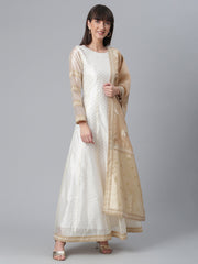 Cream-Coloured & Golden Printed Anarkali Kurta with Dupatta-AHKUDU-Combo-234