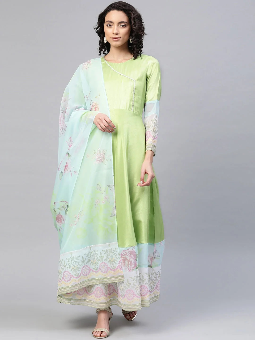Lime Green & Blue Solid Angrakha Kurta Dress With Printed Dupatta-AHKUDU-COMBO-305