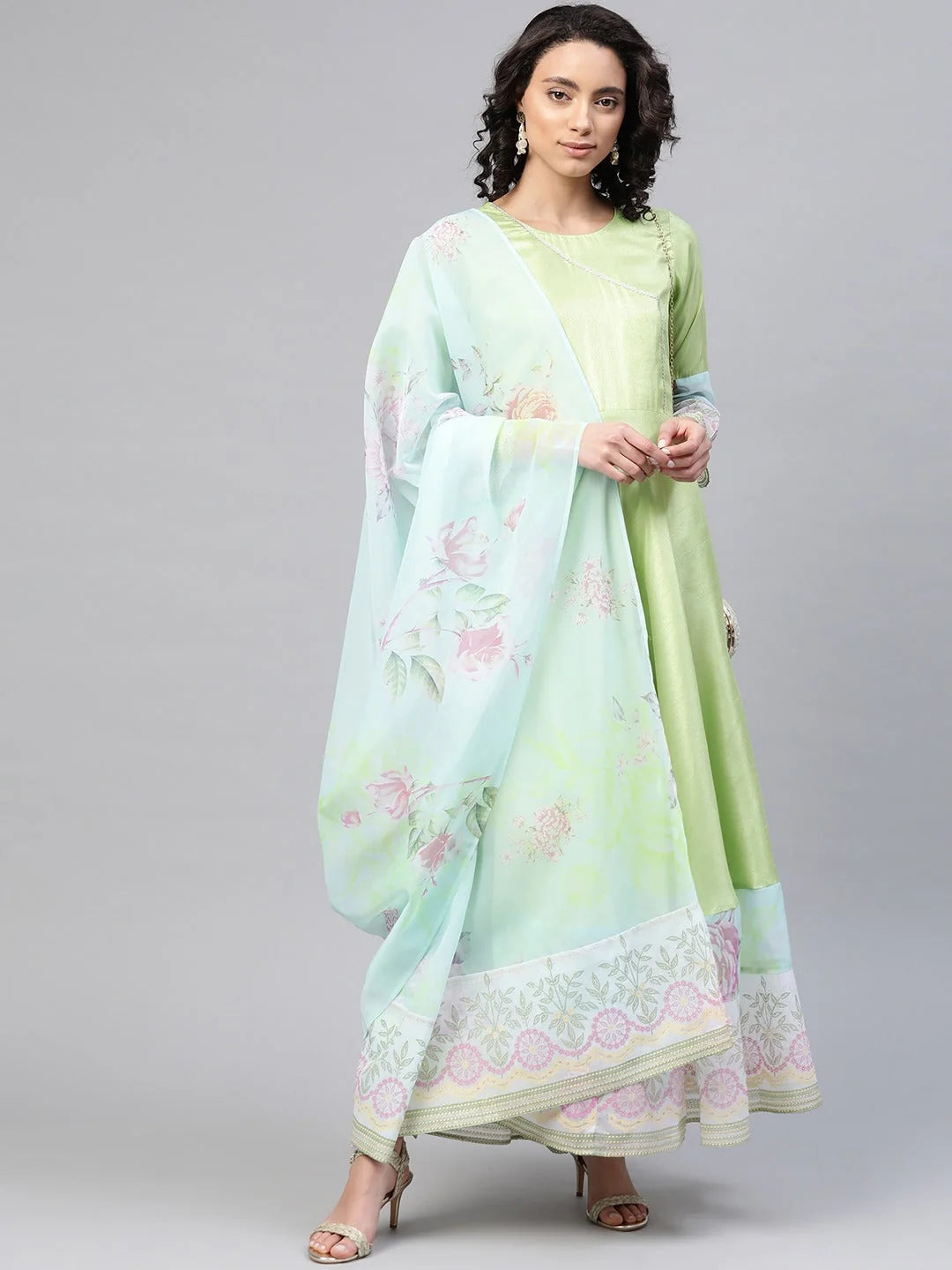 Lime & Blue Angrakha Anarkali Kurti Dress with Dupatta