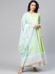 Lime Green & Blue Solid Angrakha Kurta Dress With Printed Dupatta-AHKUDU-COMBO-305