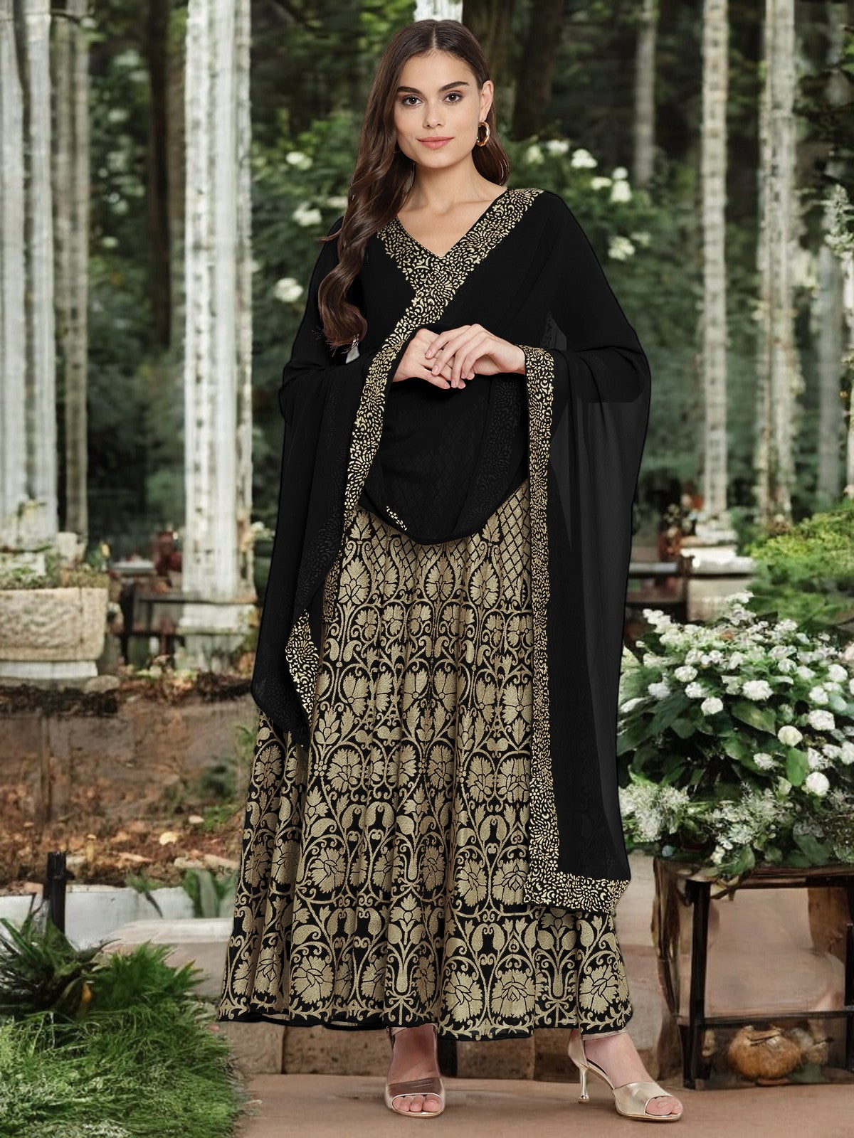 Black Georgette Gold Foil Print Flared Kurta with Dupatta-AHKUDU-COMBO-448