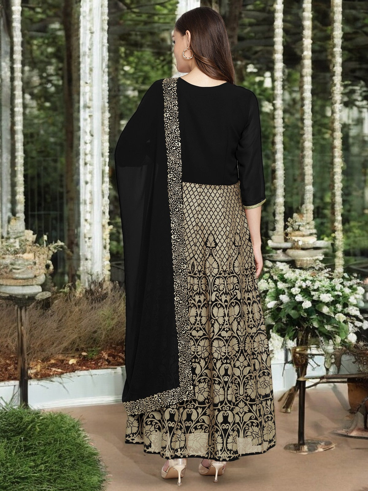 Black Gold Print Kurta with Dupatta - Women's Indian Kurta