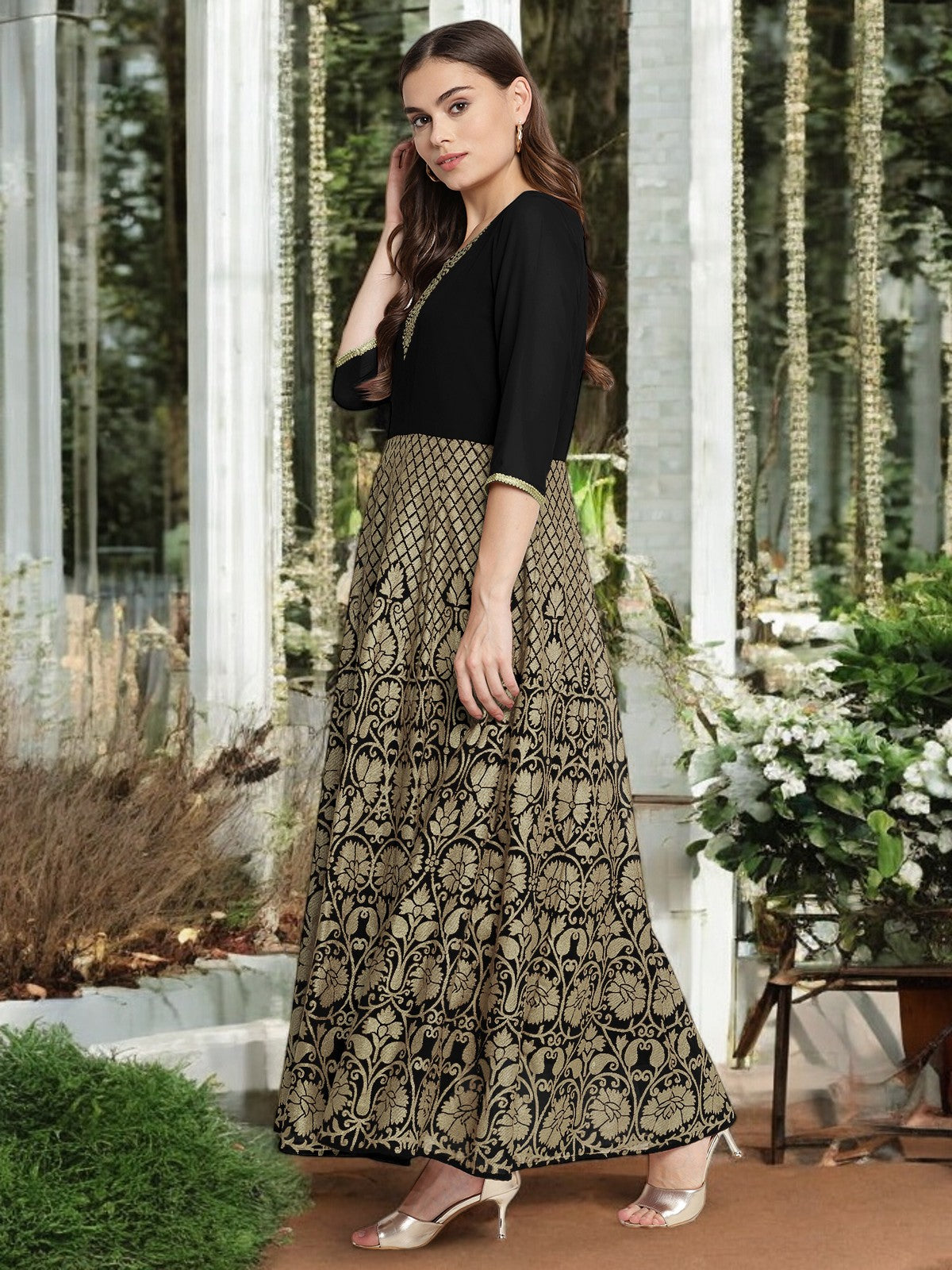 Black Gold Print Kurta with Dupatta - Women's Indian Kurta