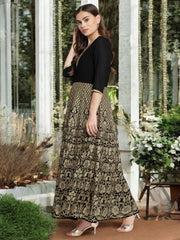 Black Georgette Gold Foil Print Flared Kurta with Dupatta-AHKUDU-COMBO-448