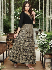 Black Georgette Gold Foil Print Flared Kurta with Dupatta-AHKUDU-COMBO-448