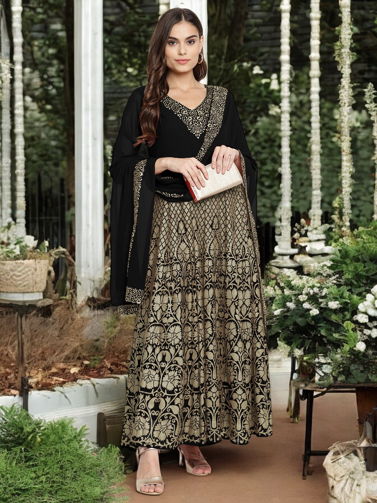 Black Gold Print Kurta with Dupatta - Women's Indian Kurta
