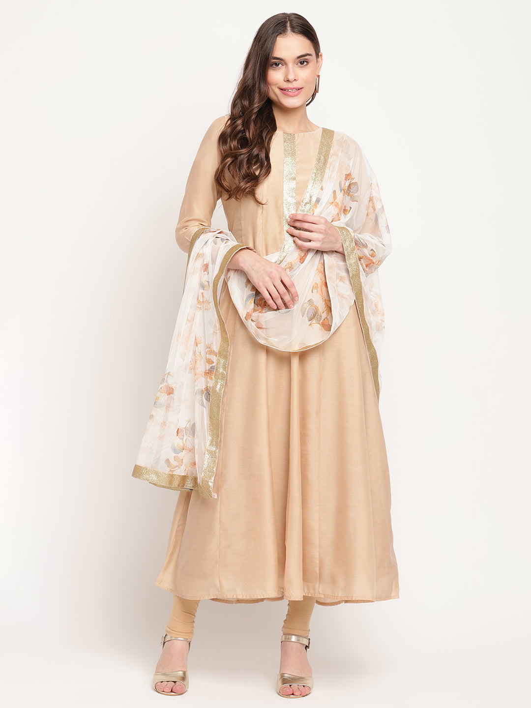 Beige & Off-White Anarkali Kurta with Printed Dupatta-AHKUDU-Combo-57