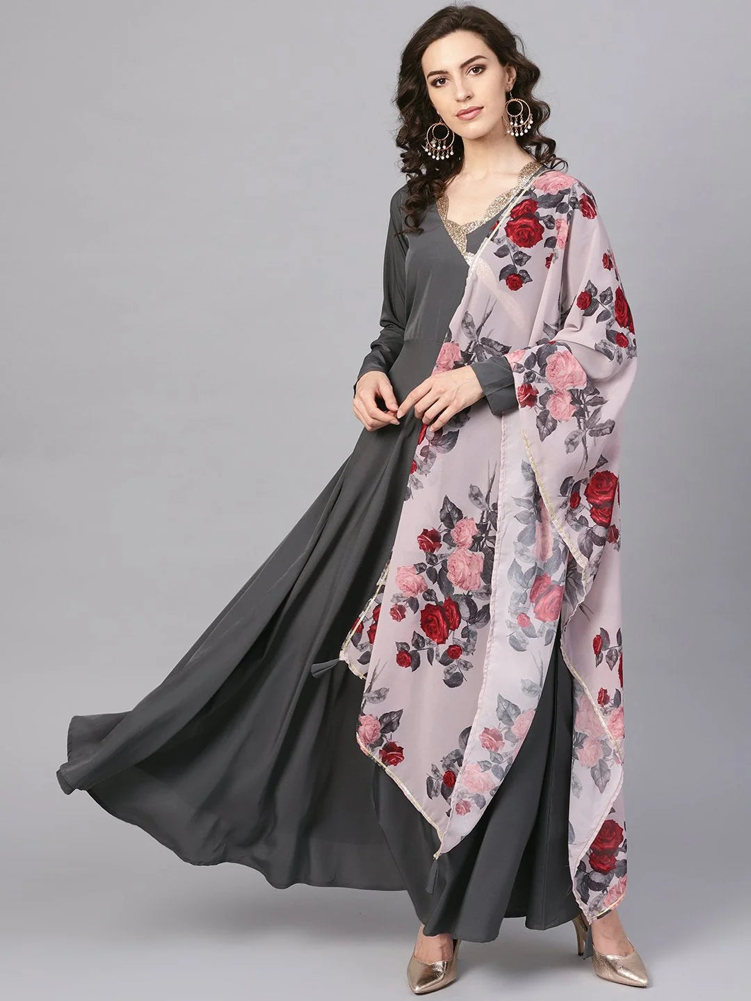 Grey Solid Flared Hem Ethnic Dress with Printed Dupatta-AHKUDU-Combo-143
