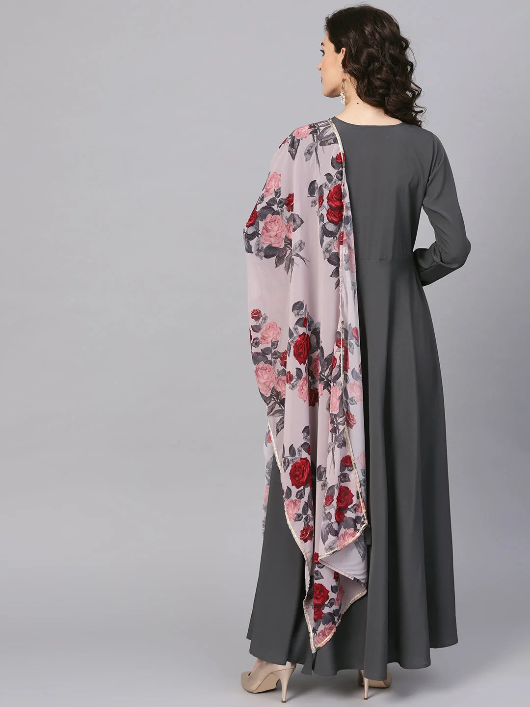 Grey Ethnic Dress with Printed Dupatta | Indian Dresses Online