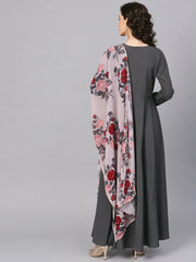 Grey Solid Flared Hem Ethnic Dress with Printed Dupatta-AHKUDU-Combo-143
