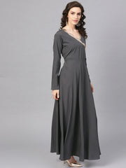Grey Solid Flared Hem Ethnic Dress with Printed Dupatta-AHKUDU-Combo-143