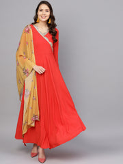 Red Solid Angrakha A-Line Dress with Dupatta-AHKUDU-Combo-194