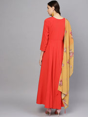 Red Solid Angrakha A-Line Dress with Dupatta-AHKUDU-Combo-194