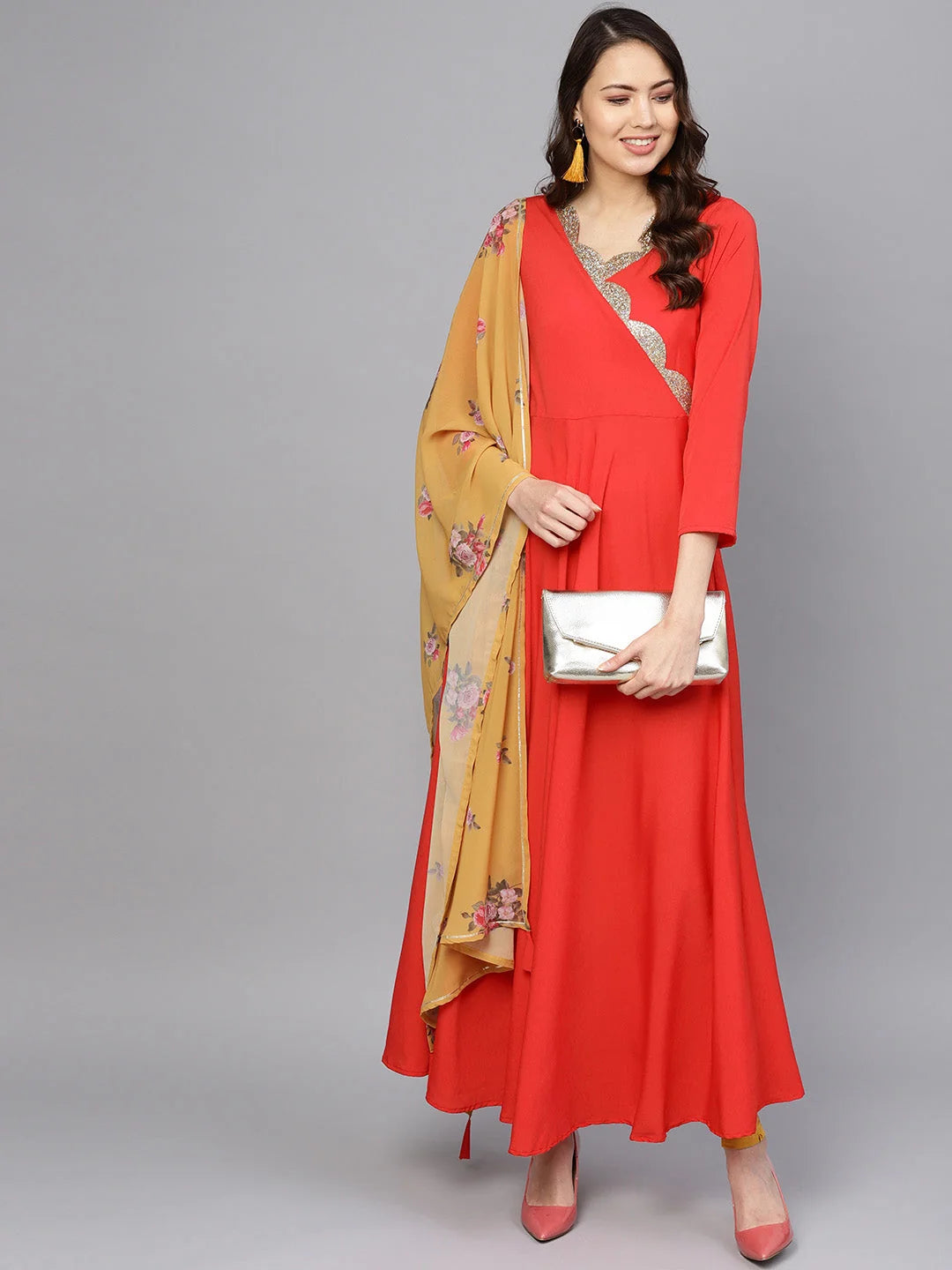 Red Solid Angrakha A-Line Dress with Dupatta-AHKUDU-Combo-194