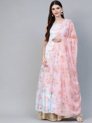 Blue & Pink Floral Printed Anarkali Kurta with Dupatta-AHKUDU-Combo-275