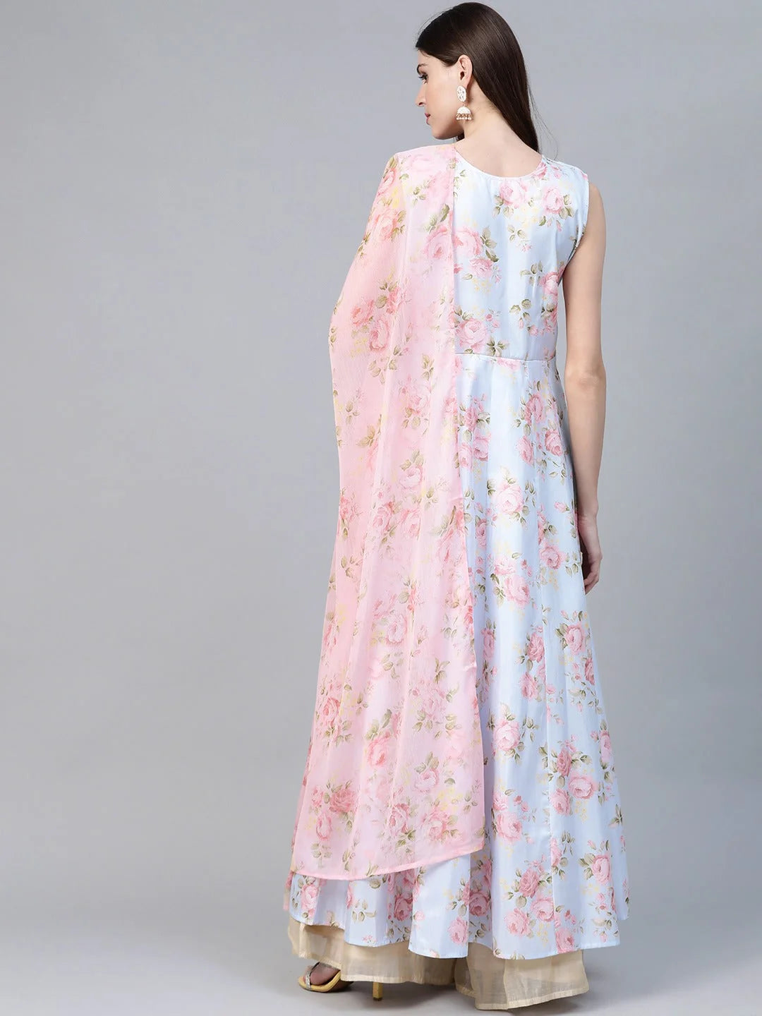 Blue & Pink Floral Anarkali Kurta with Dupatta | Online Shop