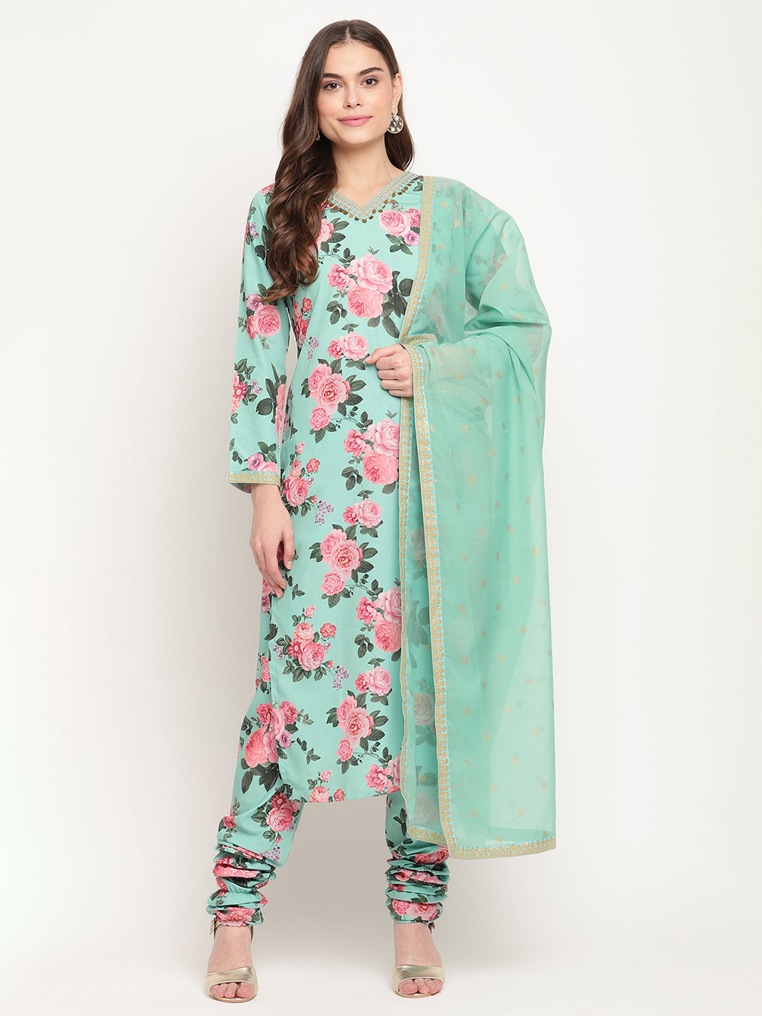 Green Floral Print Women's Kurta Set with Dupatta & Churidar