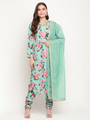 Green Floral Printed Kurta with Churidar & With Dupatta-AHKUDUCD-COMBO-355-FF