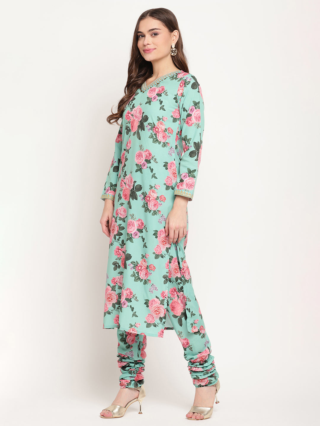 Green Floral Print Women's Kurta Set with Dupatta & Churidar
