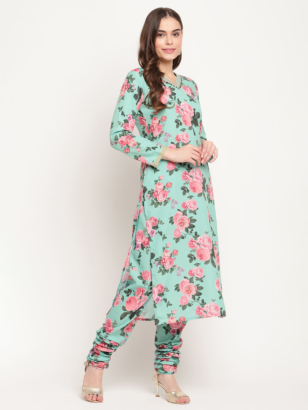 Green Floral Print Women's Kurta Set with Dupatta & Churidar