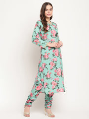 Green Floral Printed Kurta with Churidar & With Dupatta-AHKUDUCD-COMBO-355-FF