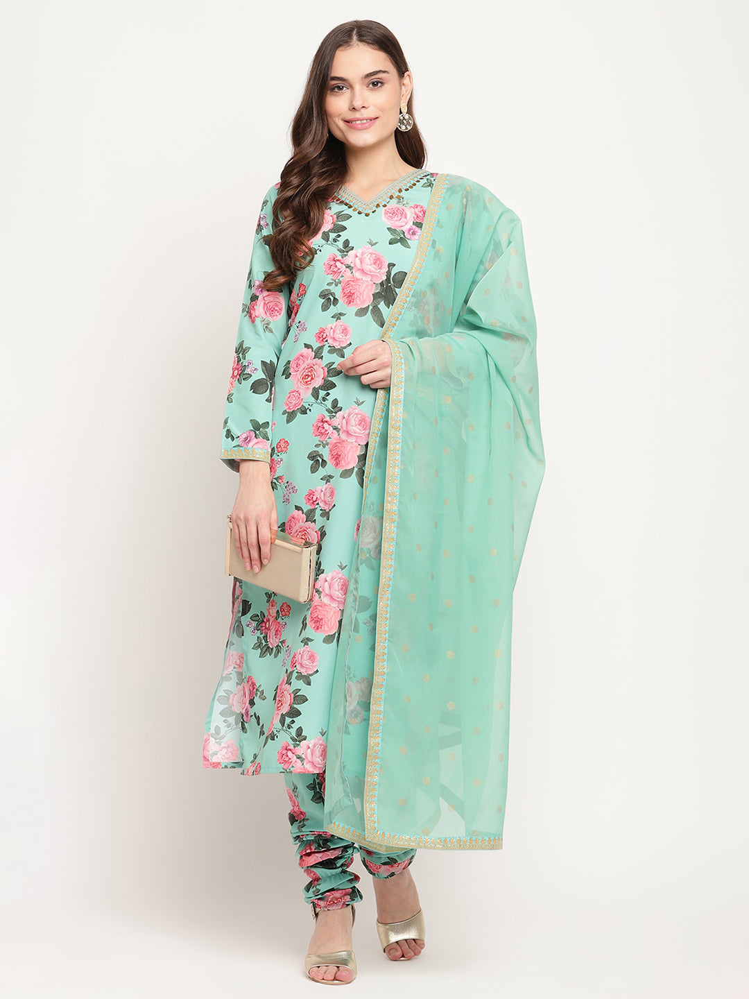 Green Floral Print Women's Kurta Set with Dupatta & Churidar