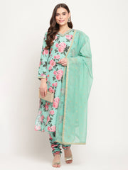 Green Floral Printed Kurta with Churidar & With Dupatta-AHKUDUCD-COMBO-355-FF