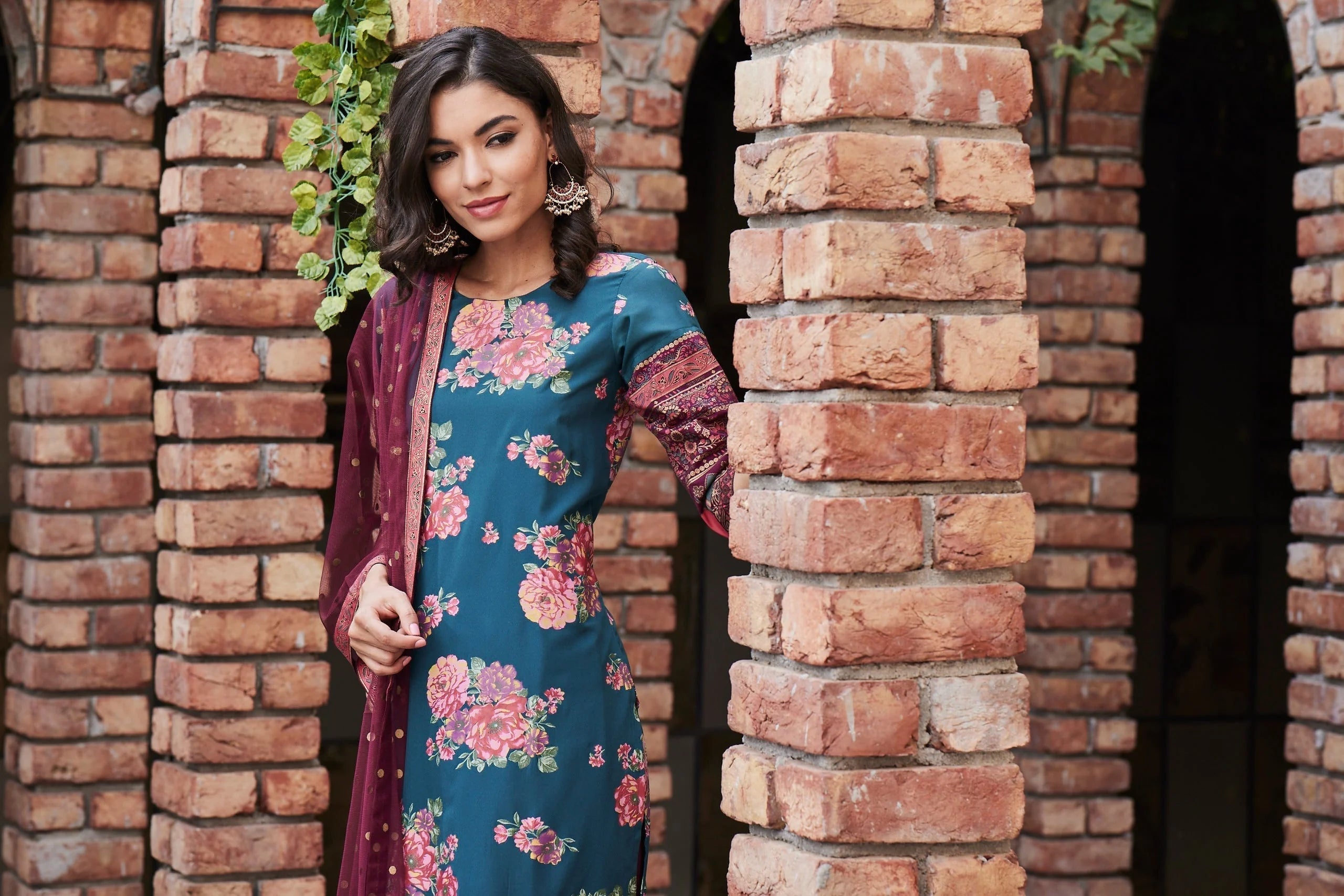 Green & Burgundy Printed Kurta with Dupatta | Indian Kurta Sets