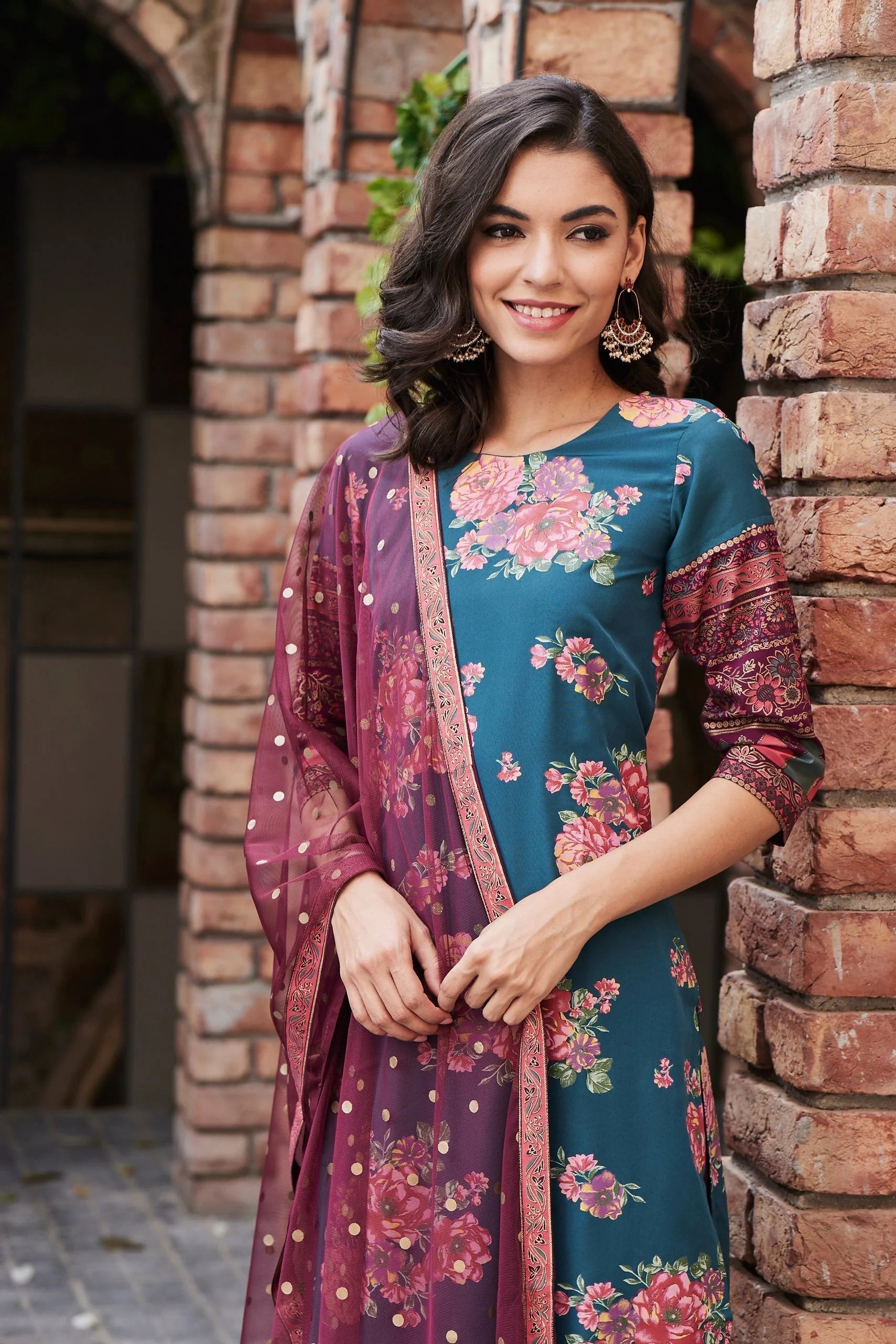 Green & Burgundy Printed Kurta with Dupatta | Indian Kurta Sets
