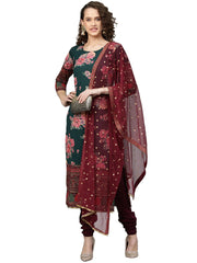 Green & Burgundy Printed Kurta with Churidar & Dupatta-AHKUDUCD-Combo-245