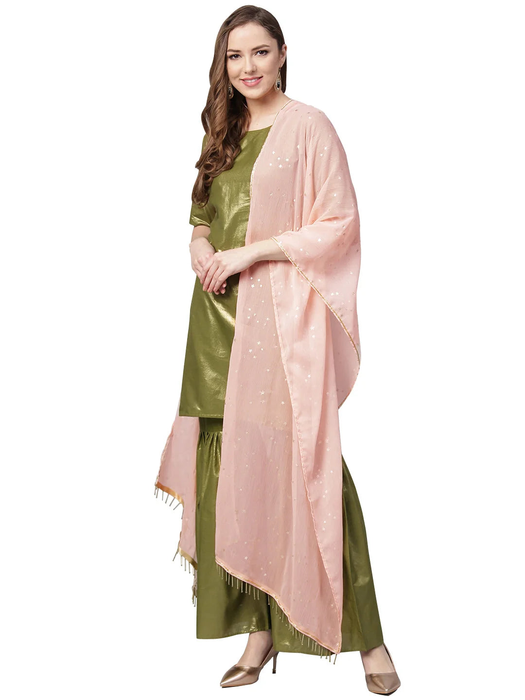 Green Shimmer Cotton Kurta Gharara with Dupatta Set-AHKUDUGH-Combo-101