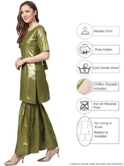 Green Shimmer Cotton Kurta Gharara with Dupatta Set-AHKUDUGH-Combo-101