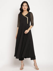 Black Printed Angrakha Kurta with Trousers & With Dupatta-AHKUDUPN-COMBO-347