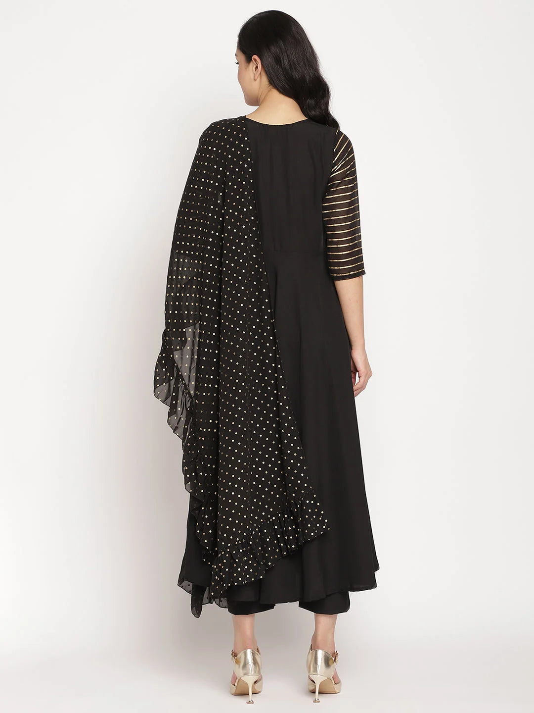 Black Printed Angrakha Kurta Set with Dupatta | Women's Kurta