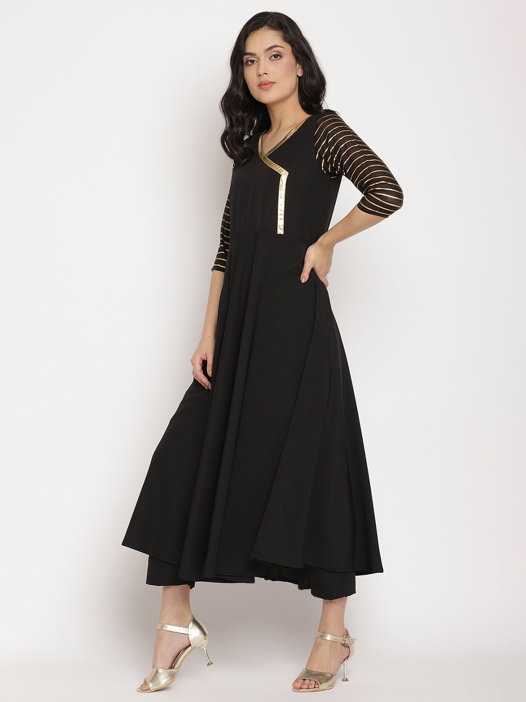Black Printed Angrakha Kurta Set with Dupatta | Women's Kurta