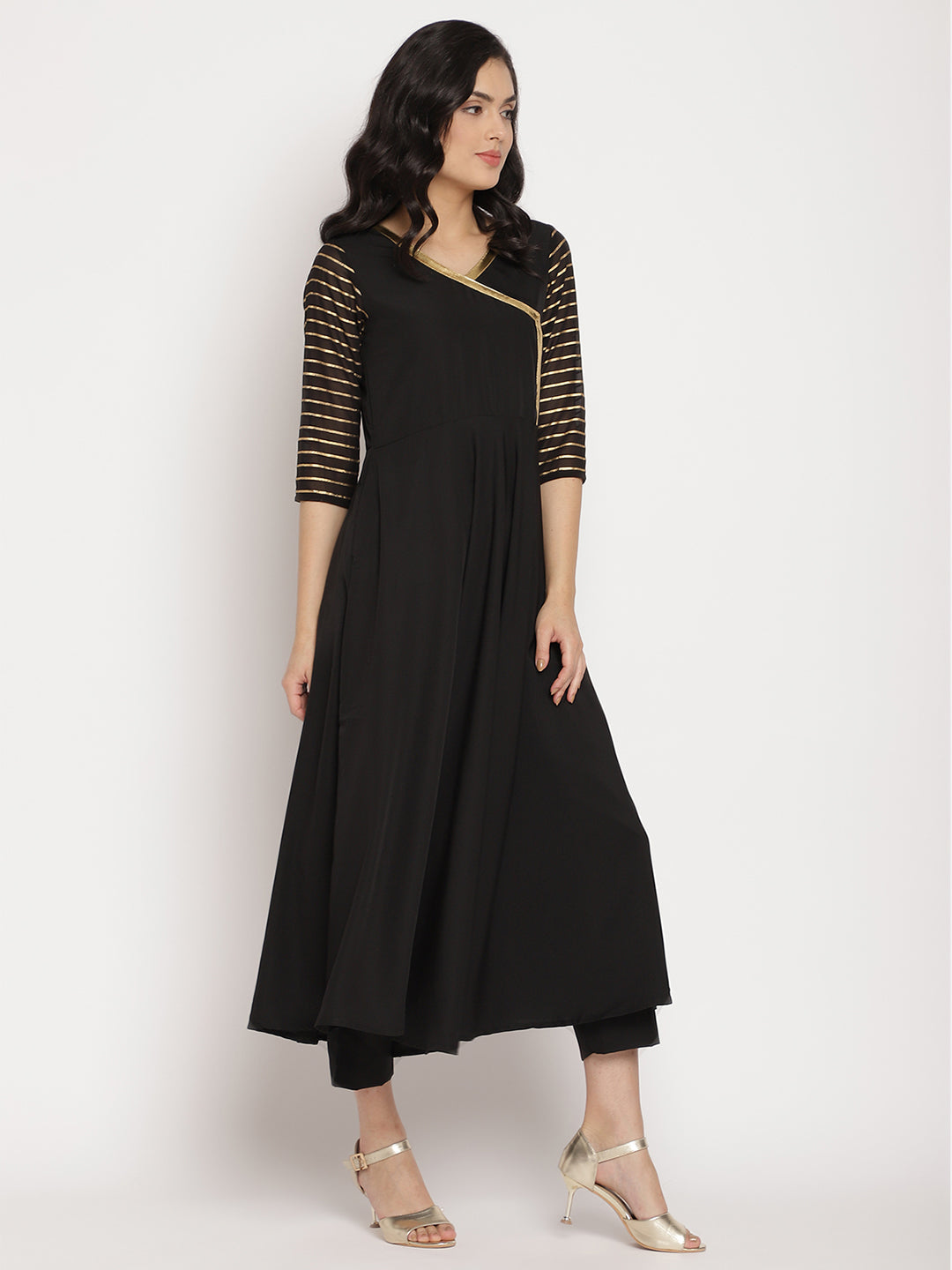 Black Printed Angrakha Kurta Set with Dupatta | Women's Kurta