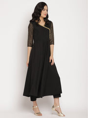 Black Printed Angrakha Kurta with Trousers & With Dupatta-AHKUDUPN-COMBO-347