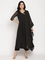 Black Printed Angrakha Kurta with Trousers & With Dupatta-AHKUDUPN-COMBO-347
