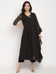 Black Printed Angrakha Kurta with Trousers & With Dupatta-AHKUDUPN-COMBO-347