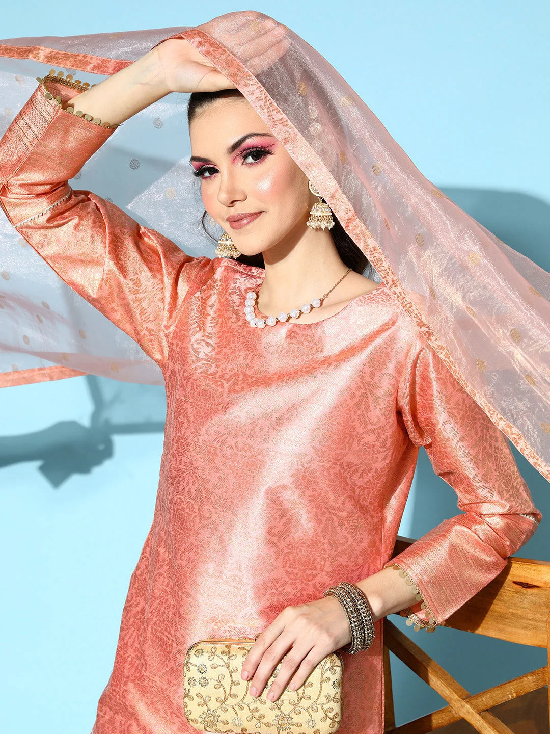 Peach Floral Metallic Print Poly-Silk Kurta Set-AHKUDUPN-COMBO-444-FF