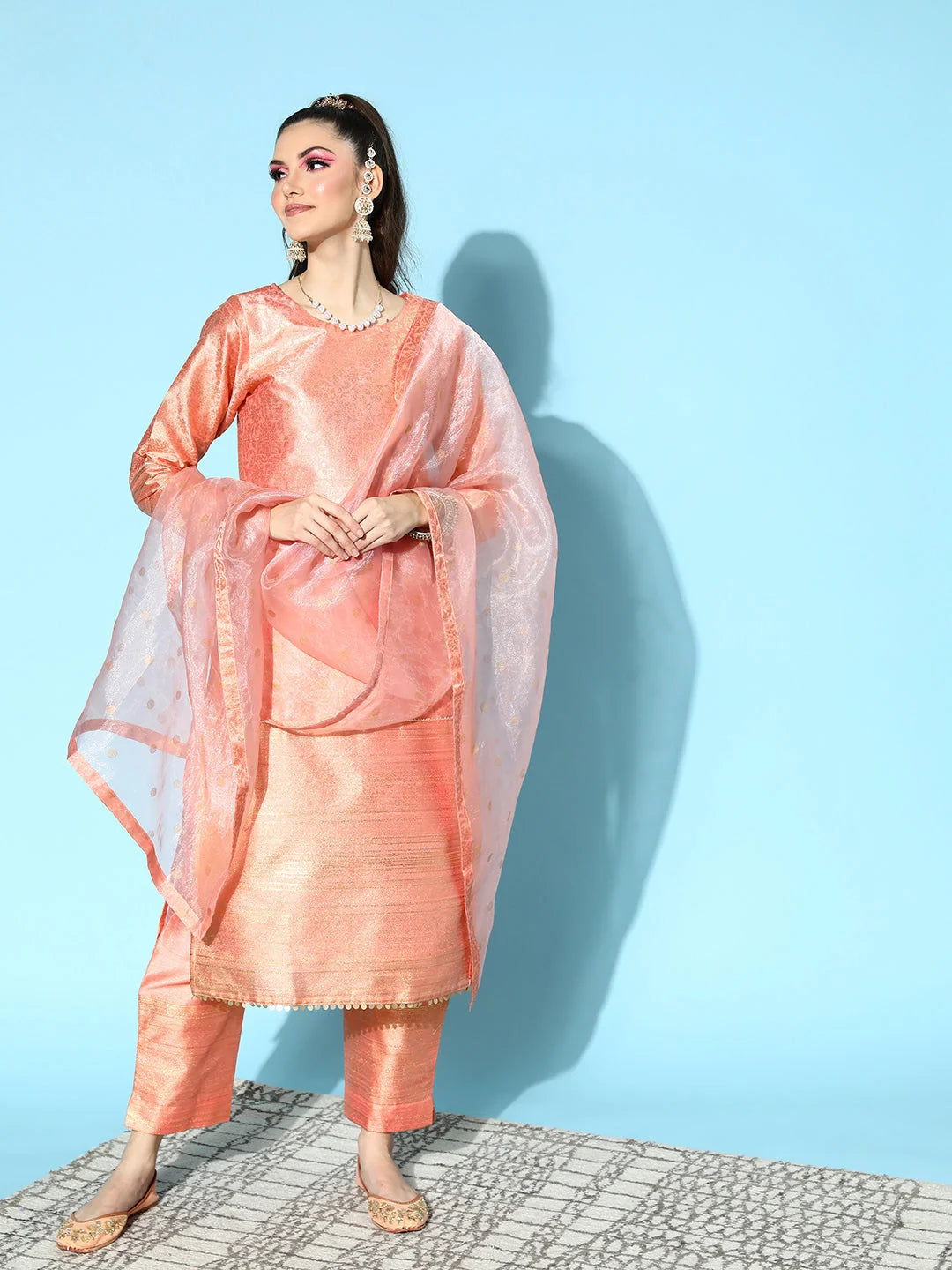 Peach Metallic Print Kurta Set with Dupatta | Indian Kurta Sets