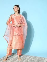 Peach Floral Metallic Print Poly-Silk Kurta Set-AHKUDUPN-COMBO-444-FF