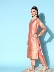 Peach Floral Metallic Print Poly-Silk Kurta Set-AHKUDUPN-COMBO-444-FF
